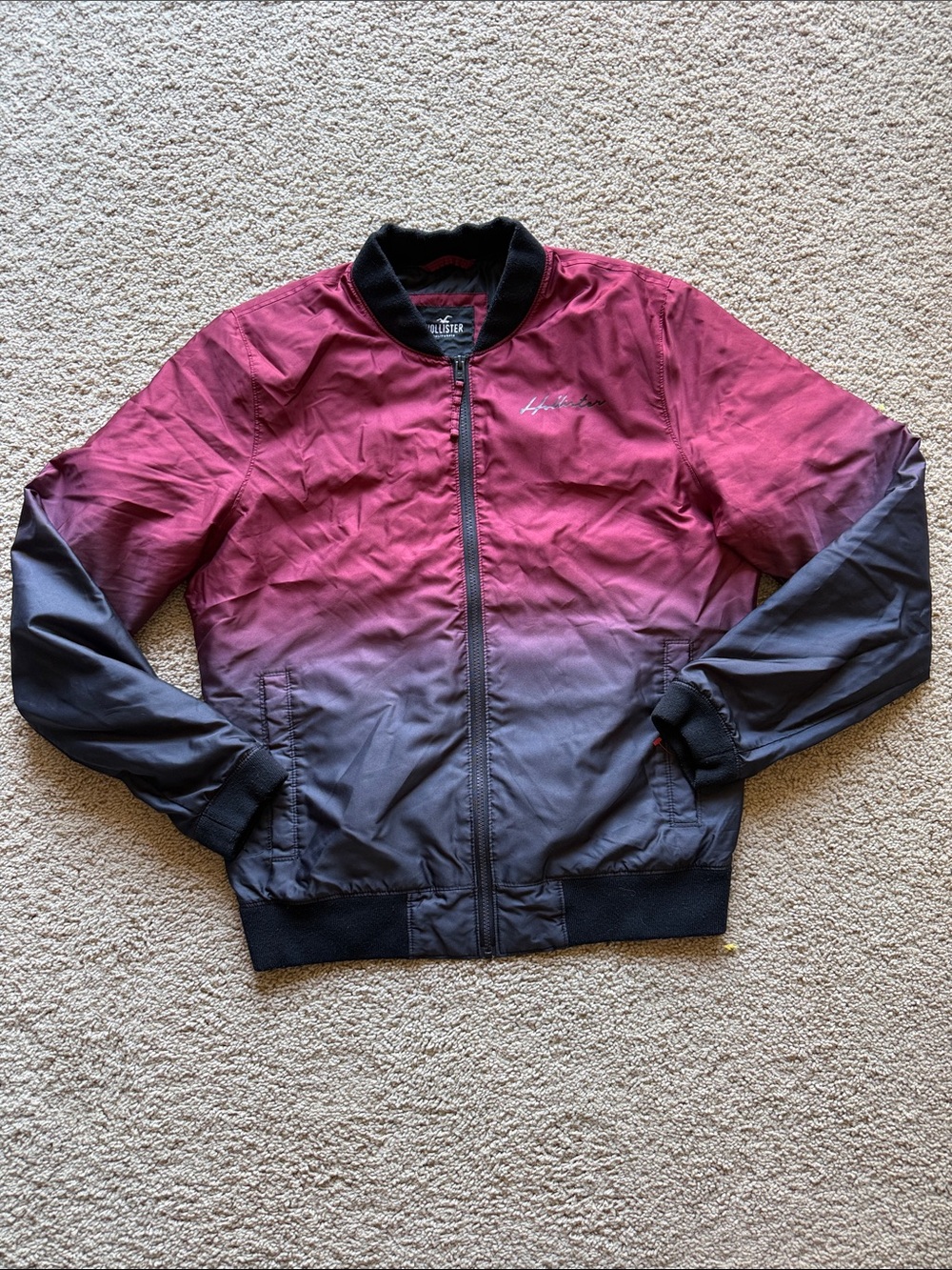 Hollister Hombre Bomber Jacket - Burgundy to Charcoal Black Size Large